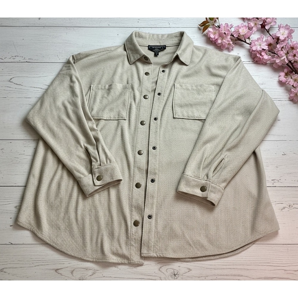 GH Bass Co Long Sleeve Oversized Shacket Shirt Jacket Beige Herringbone Size L - Picture 2 of 8